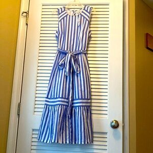 NWT J. Crew 100% cotton blue & white stripes midi dress with adjustable belt.